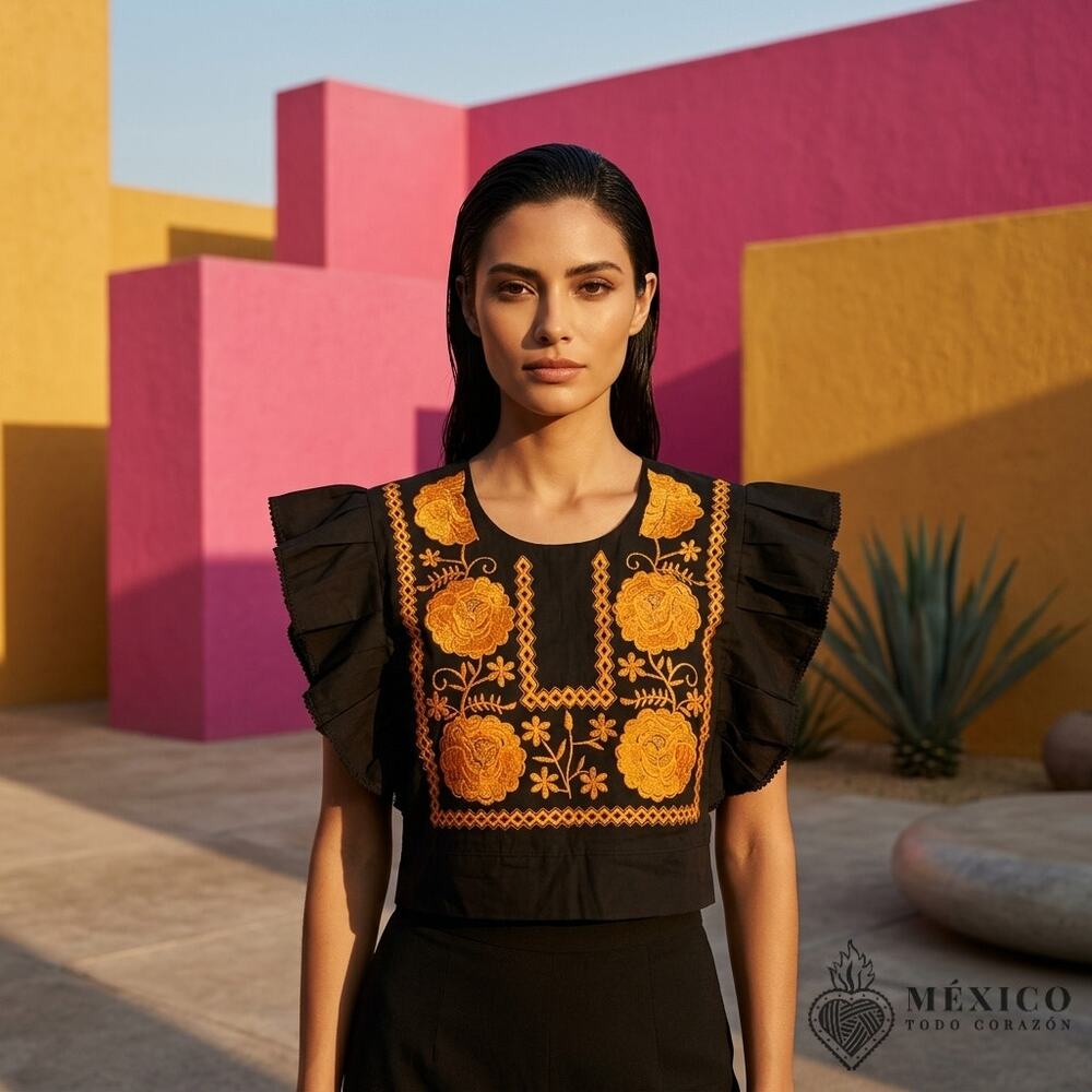 Traditional Mexican Huipil style Blouse – Handmade Embroidered Manta Top S M